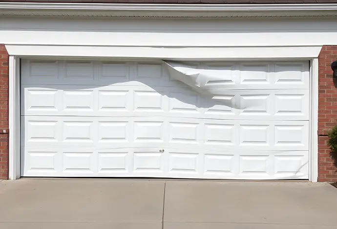 Residential white garage door bent and damaged with large structural dent showing home maintenance and repair issue in suburban driveway