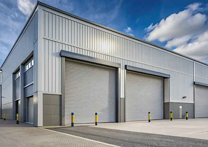 Modern industrial warehouse with open roller door and clean empty parking lot in background, showcasing commercial garage doors for industrial buildings