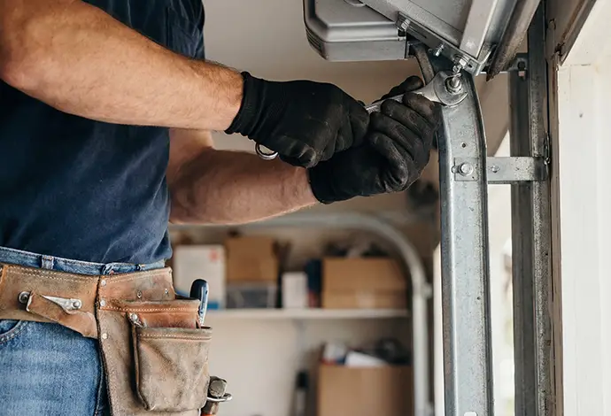 Technician repairing residential garage door mechanism with tools and gloves in workshop setting for maintenance and safety