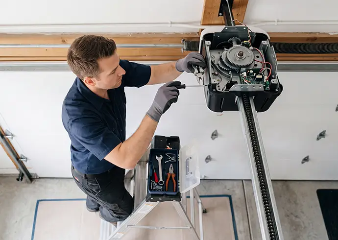 Technician repairs garage door opener with tools in professional workspace