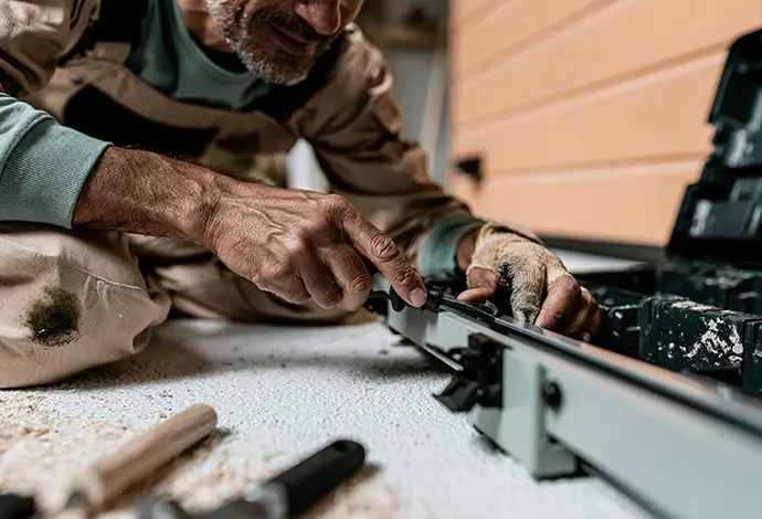 repairman fixing a garage door track with a tool