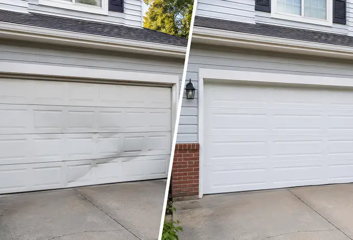 Broken garage door and new sectional replacement in suburb