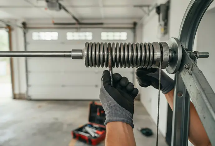 Professional technician adjusting a garage door torsion spring with winding bars in a residential garage