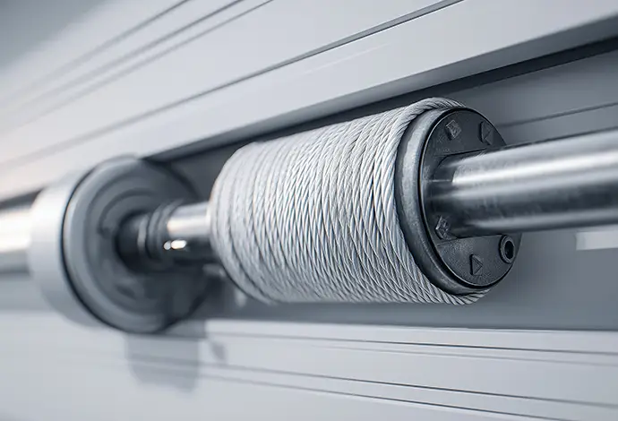 garage door cable drum and roller assembly on torsion shaft, showing winding cable, bearing, and metal roller for door lifting mechanism