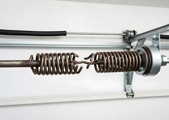 Broken metal garage door torsion spring on horizontal shaft assembly