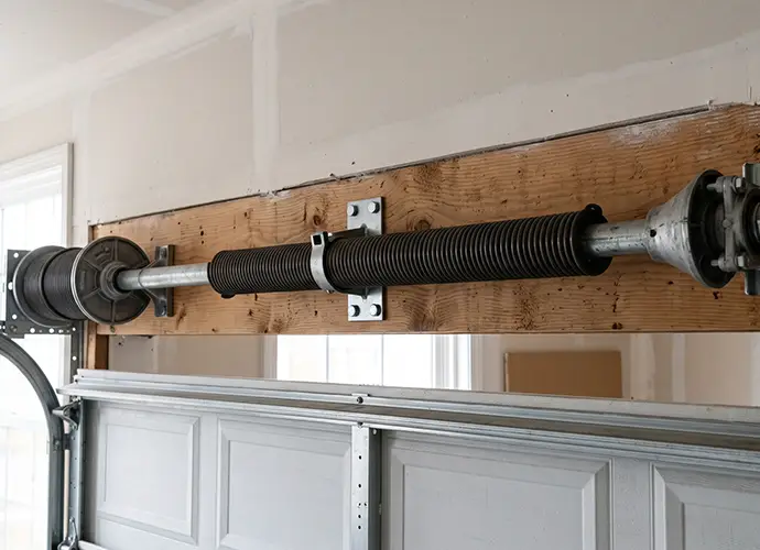 Garage door torsion spring and shaft mounted above the door opening