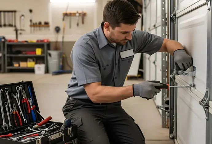 Man working on garage door repair in residential setting. Home maintenance and installation service for house improvement